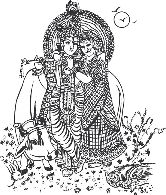 indian_hindu_god_lord_krishnan_rukmani_drawing_vector_cliparts