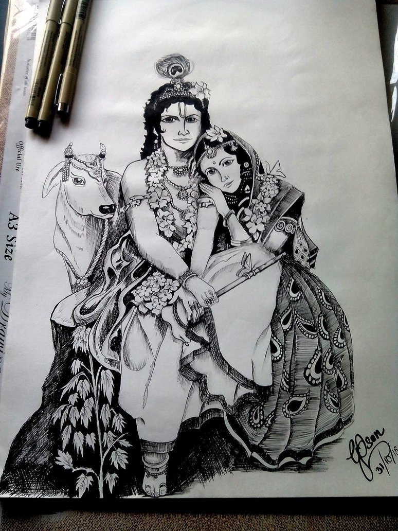 Love in Monochrome Black and White Pencil Art Print of Radha and Kris