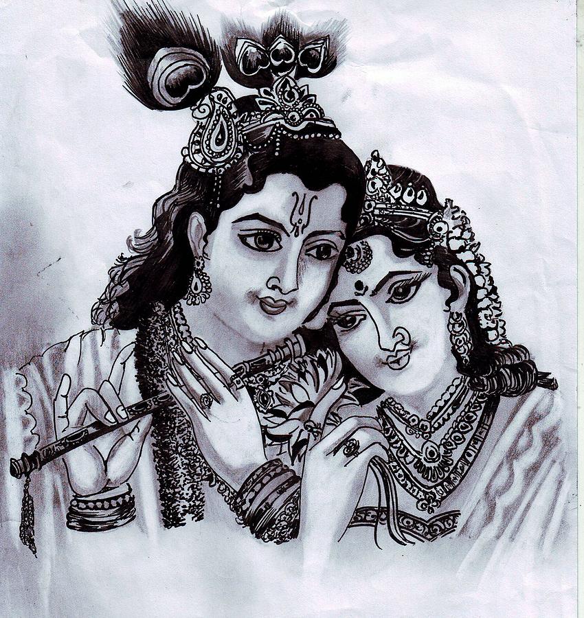 Indian wedding clip art of God Krishna and his beloved Radha stand gently  embracing, with a