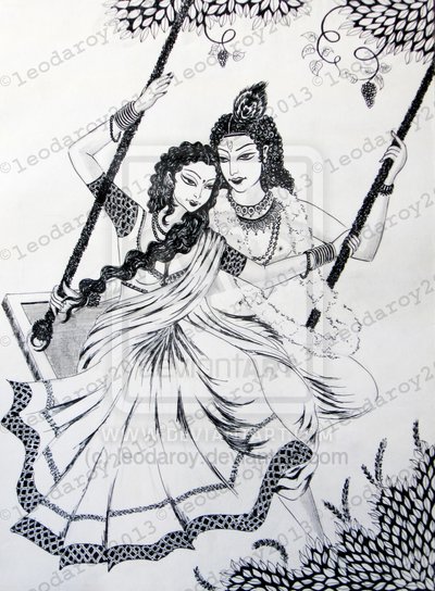 ArtsIndia Divine Love A Colored Pencil Illustration of Lord Radha Krishna  in Ecstatic Love (Material: Gloss, Size: 24